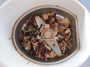 Grinding up Burgundy Blast Herbal Tisane