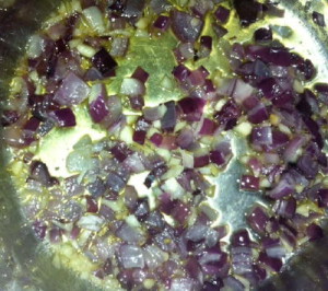 Cooking onions for Imperial Yunnan tea and garden veggie soup