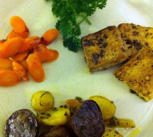 Lemon Myrtle Tofu with Roasted Potatoes and Honey Glazed Carrots
